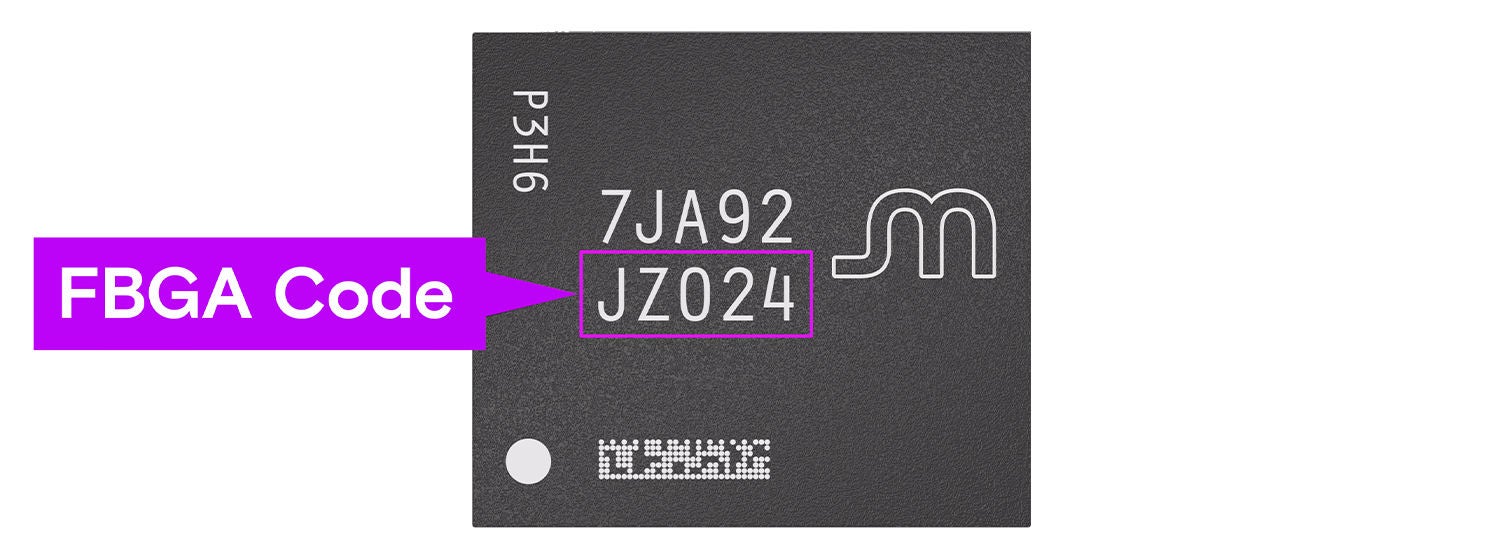 FBGA code highlighted on a Micron FBGA component
